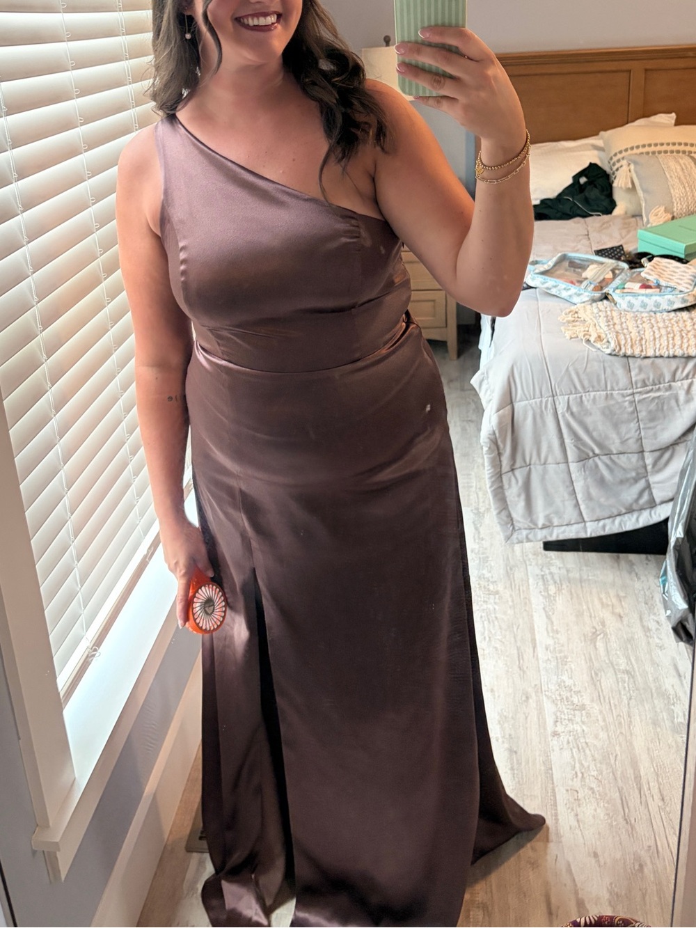 Birdy Grey One-Shoulder Satin Gown in Mauve Brown